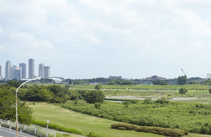 東急ウェリナケア尾山台の前に広がる多摩川の河川敷と対岸の街並み