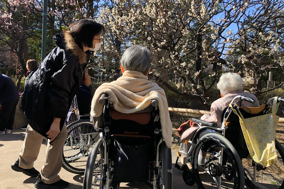 池上梅園で、梅の花を眺める車いすのご入居者と、声をかけるスタッフ