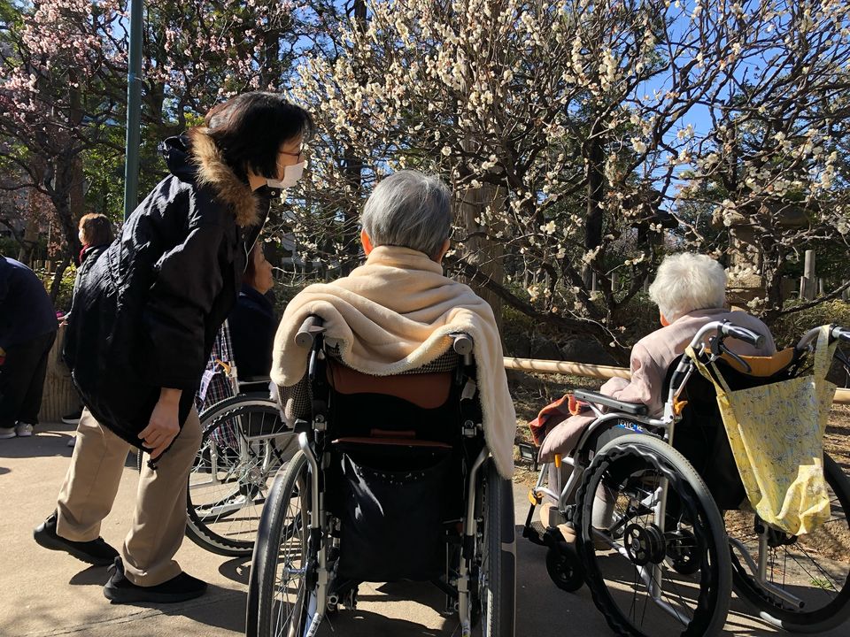 池上梅園で、梅の花を眺める車いすのご入居者と、声をかけるスタッフ