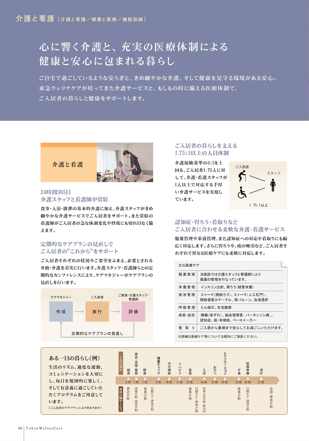 P.6 介護と看護。24時間365日介護スタッフと看護師が常駐、定期的なケアプランの見直し、1.75対1以上の人員体制、主な医療ケアの一覧、ある一日の暮らし（例）