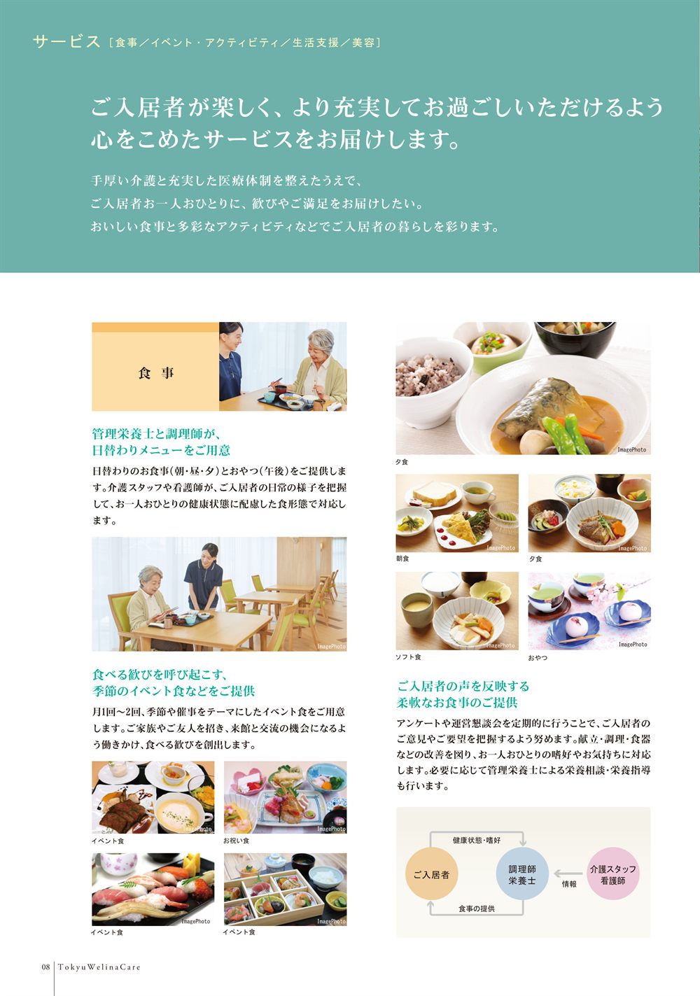 P.8 サービス。管理栄養士と調理師による日替わりのお食事、季節のイベント食、入居者の声を反映したお食事の写真