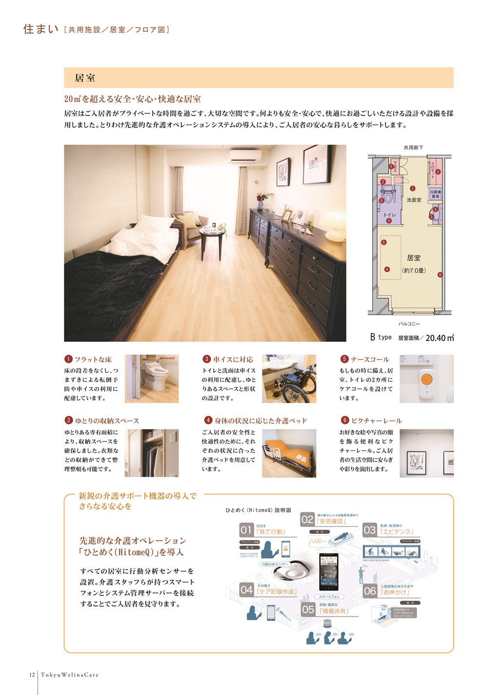 P.12 居室。20平方メートルを超える居室の写真と間取り図（Bタイプ 20.40平方メートル）、居室の設備、見守りシステム「ひとめく（HitomeQ）」