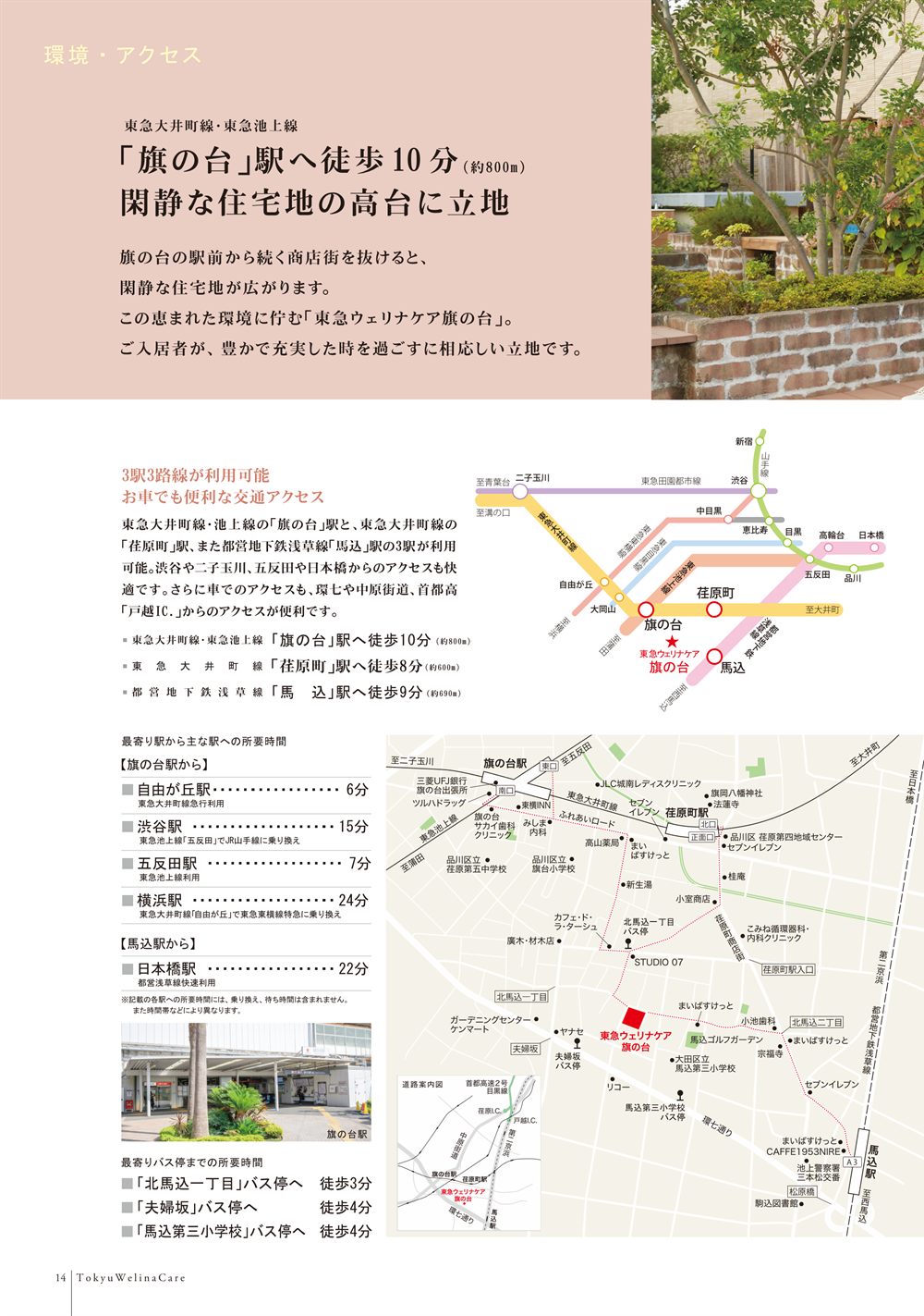 P.14 環境・アクセス。「旗の台」駅へ徒歩10分、3駅3路線の路線図、主要駅への所要時間、周辺地図