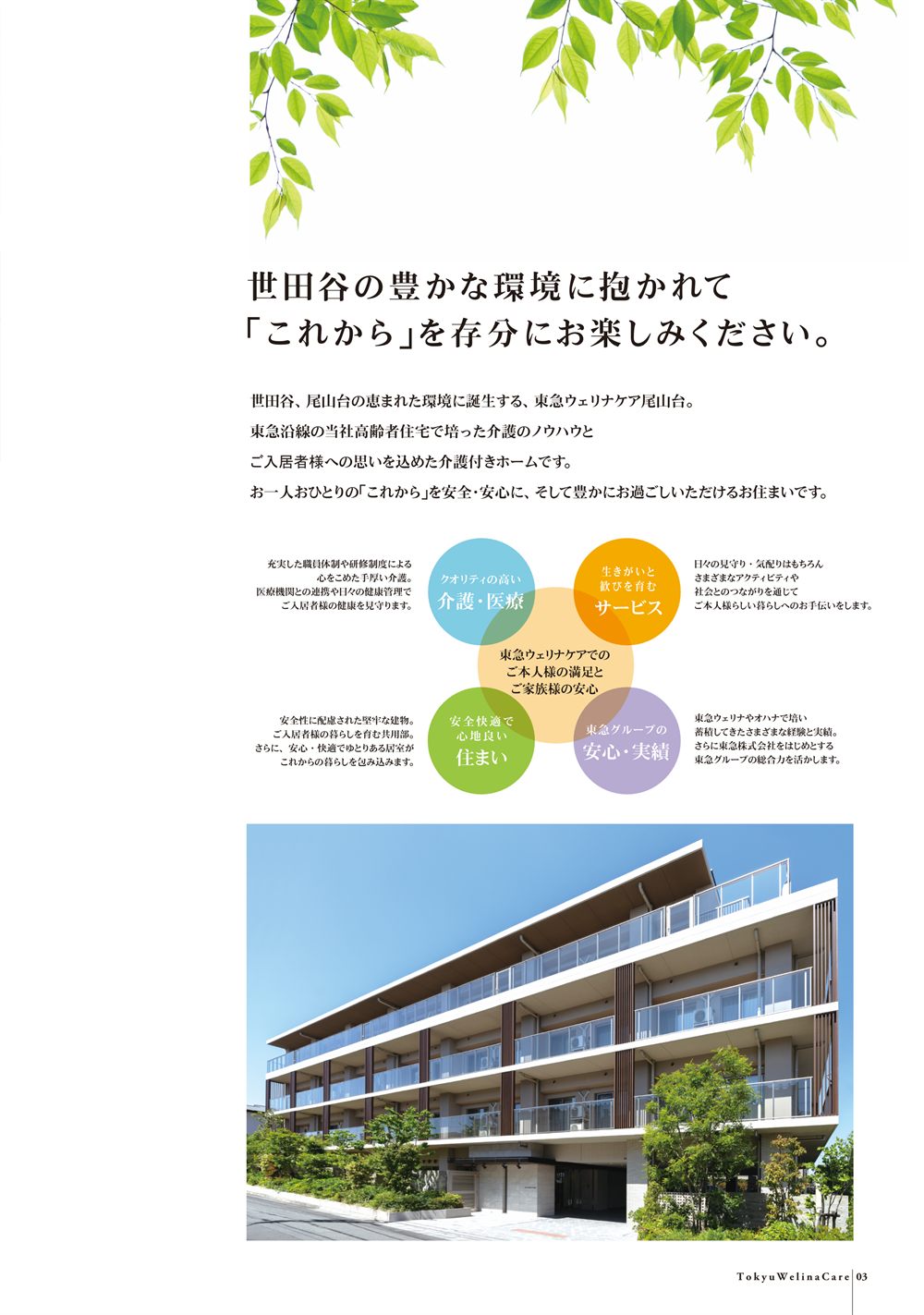 P.3 「世田谷の豊かな環境に抱かれて『これから』を存分にお楽しみください。」介護・医療、サービス、住まい、安心・実績の4つの特長と建物の外観