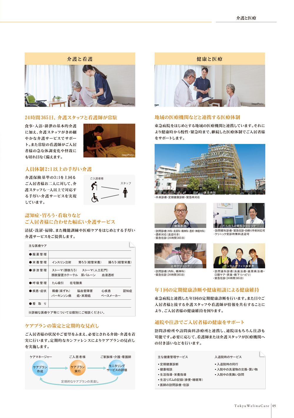 P.5 介護と看護（24時間365日の常駐、2対1以上の人員体制、主な医療ケアの一覧、ケアプラン）と、健康と医療（東急病院や地域の医療機関との連携、定期健康診断、入退院時のサービス）