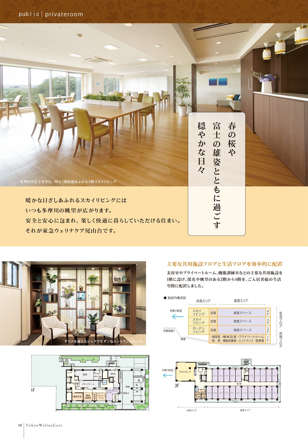 P.8 住まい。多摩川や富士山を望むスカイリビング、エントランスホール、施設内構成図と1階・3階のフロア図