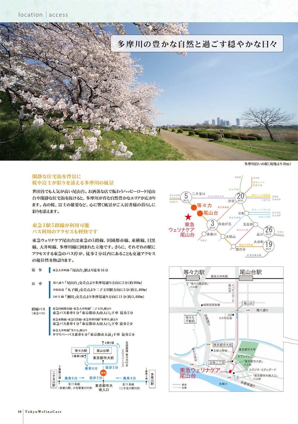 P.10 環境・アクセス。多摩川沿いの桜並木、路線図、徒歩・車・路線バスでのアクセス、周辺地図